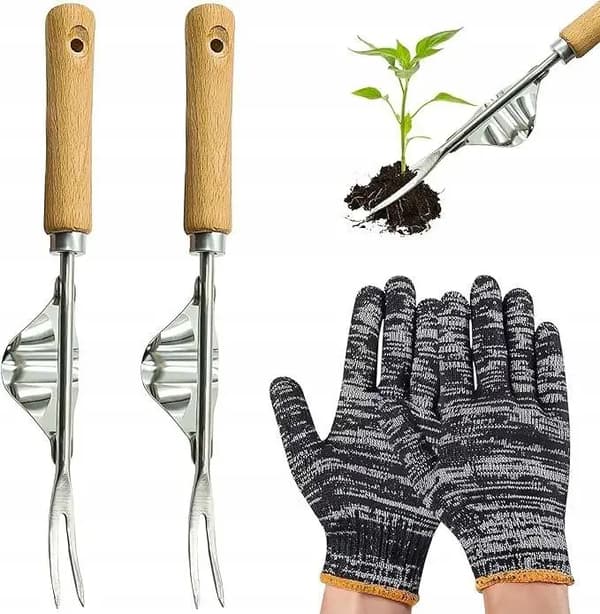 Ukrudtsfjernere 2 stk. rustfrit stål + havehandsker