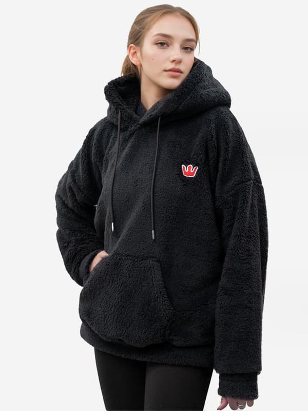 Dame Oversize Sort Teddy Simple Crown Sherpa Hættetrøje S