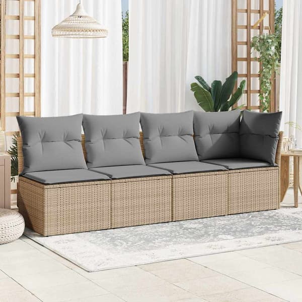 vidaXL Trädgårdssoffa med kuddar, 4-sits, beige, polyrotting