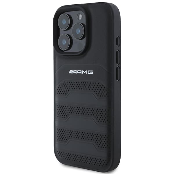AMG lædercover med prægede linjer og sort logo til iPhone 16 Pro Max, sort