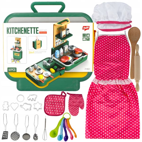 [pakke] Bærbart køkken i kuffert + køkkenforklæde + hat + forme + tilbehør (U838 + U852) U838Z