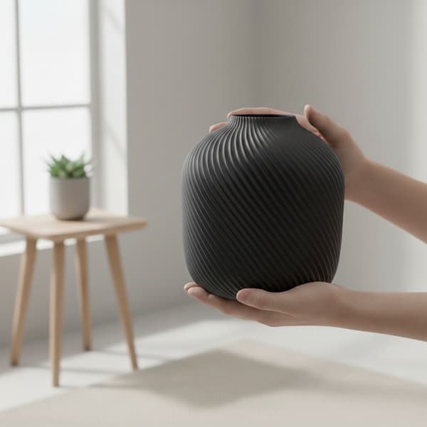Moderne, minimalistisk, rillet sort vase til blomster og græsser