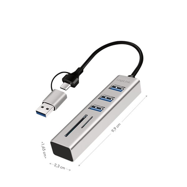 Hubb USB 3.0 LogiLink 3xUSB-A SD/microSD-kortläsare 2in1 USB-A/USB-C 5 Gbps