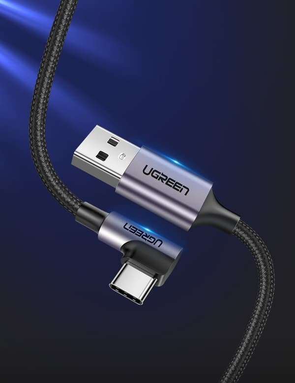 Kabel vinklad sido-USB-kontakt - USB-C 1m 3A grå