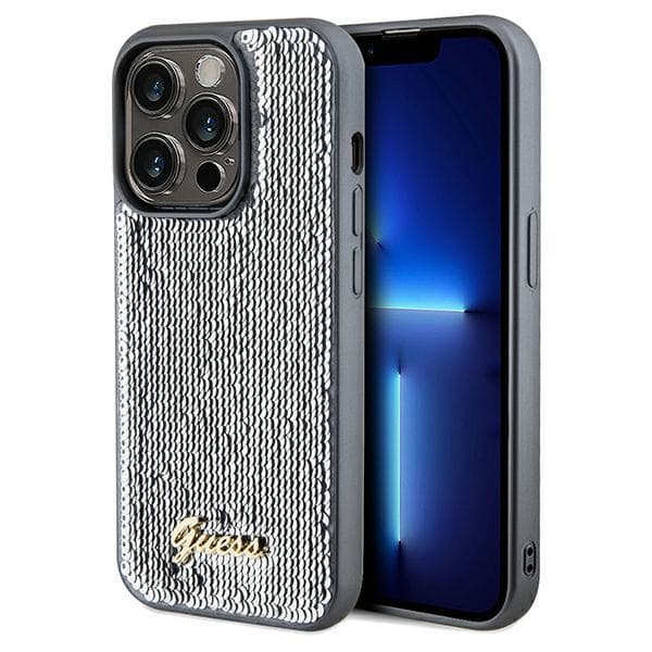 Guess Sequin Script Metal-etui til iPhone 14 Pro Max, sølv/sølv
