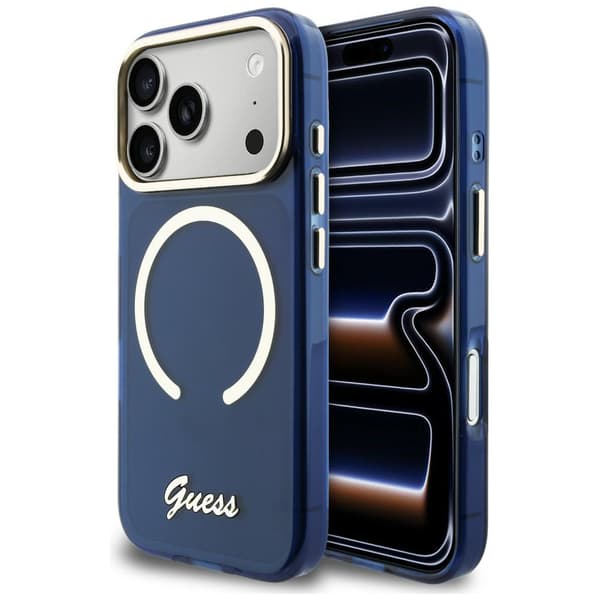 Guess IML Script Metallinen MagSafe-kotelo iPhone 17 Prolle, sininen