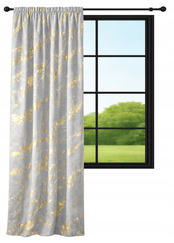 Fløjlsgardin 140x220 cm, meleret grå med guldtryk