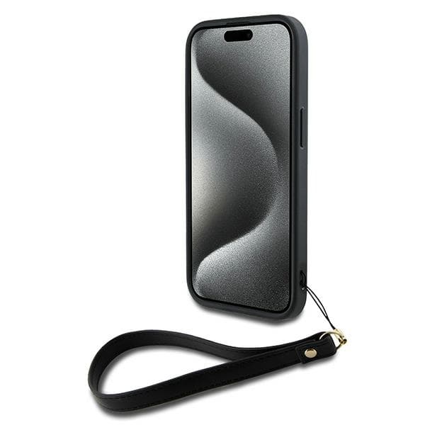DKNY Wrist Strap Stock Logo-cover til iPhone 15, sort