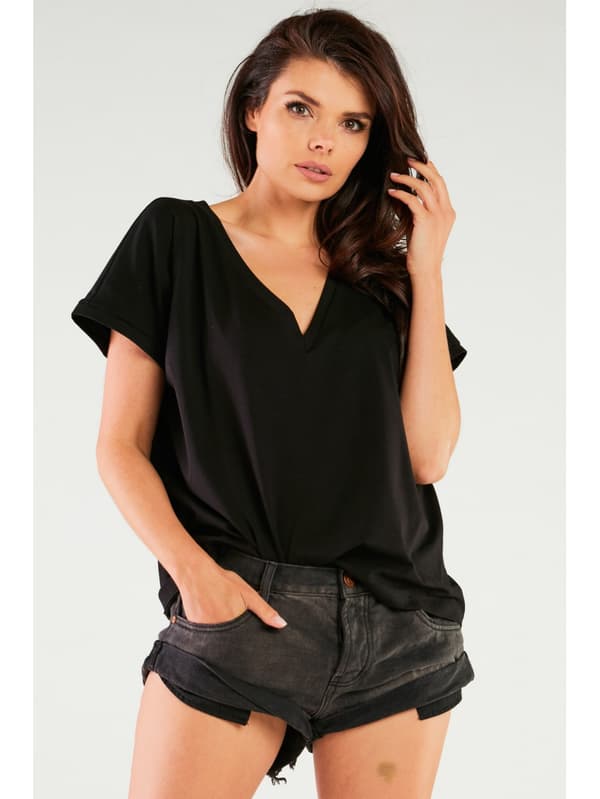 V-ringad blus med korta ärmar, svart. One size.