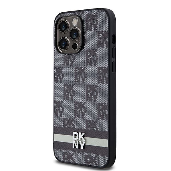 DKNY DKHCP14XPCPTSSK iPhone 14 Pro Max6,7" sort/sort hårdt cover i læder med ternet monogrammønster og trykte striber