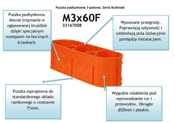 Indbygget dåse, dyb, med skruer, orange M3x60F Multiwall