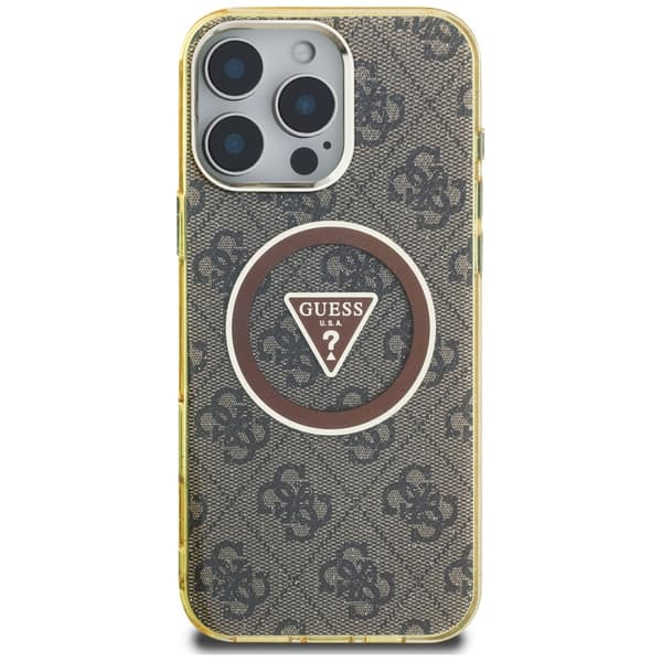 Guess IML Metal Glitter 4G Circle Triangle MagSafe-etui til iPhone 16 Pro brunt