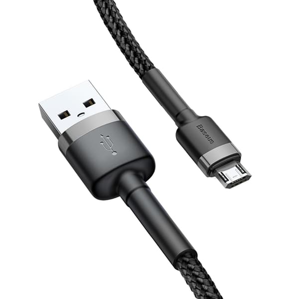 Holdbart fleksibelt kabel USB microUSB QC3.0 2.4A 1M sort og grå