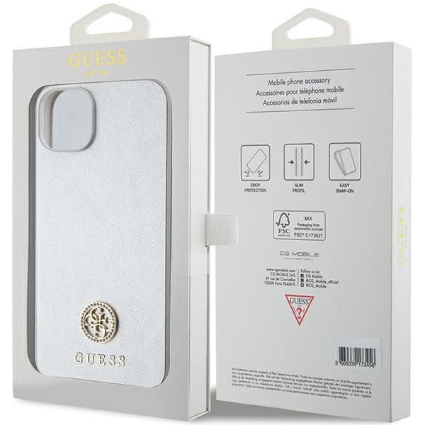 Guess Strass Metal Logo Cover til iPhone 15 Plus, Sølv