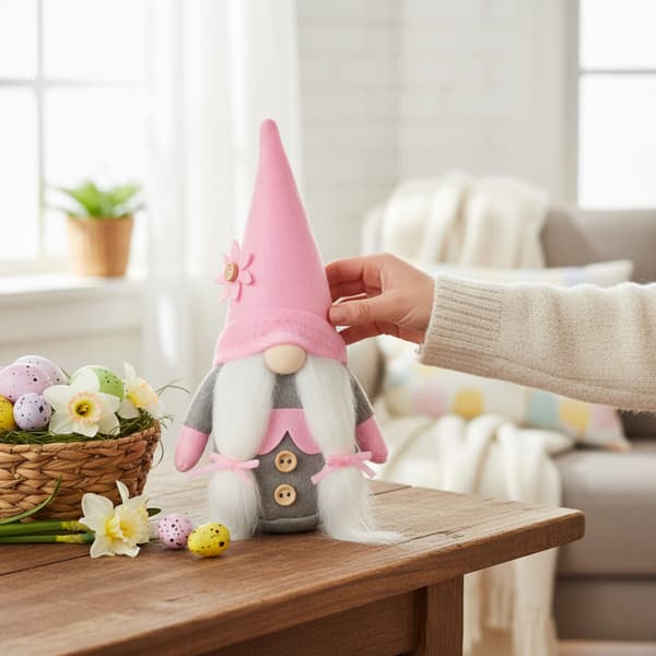 Påsktomteflicka med flätor 15 cm rosa