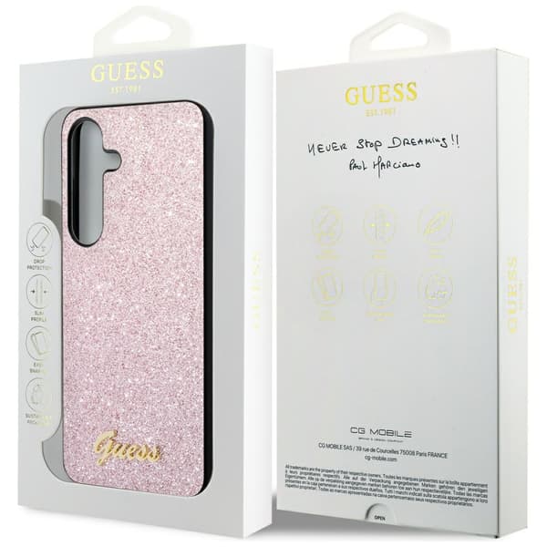 Guess Glitter Script-skal till Galaxy S24, rosa