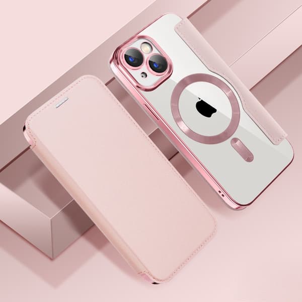 iPhone 15 Flip-cover, RFID-pung MagSafe med kamerabeskyttelse, lyserød