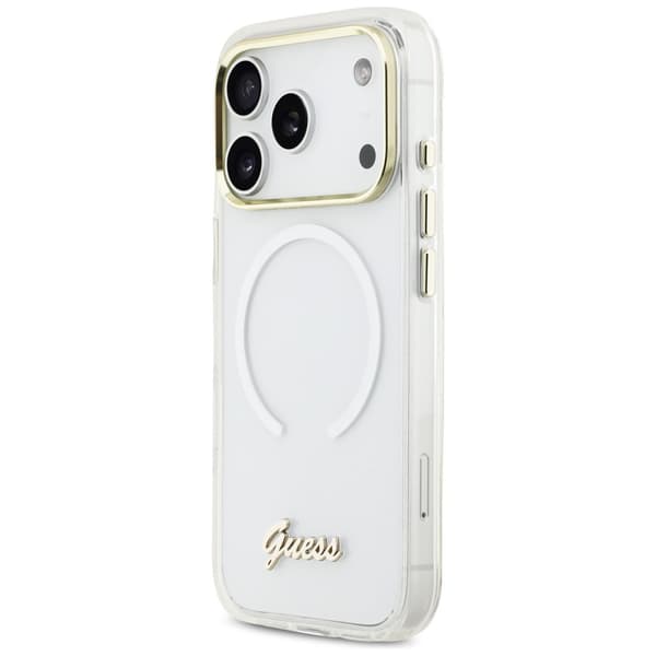 Guess IML Gradient Script Metal MagSafe -kotelo iPhone 17 Prolle, valkoinen