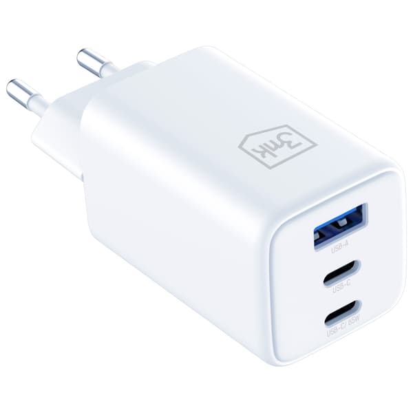 3MK Hyper GaN -laturi 65W 1xUSB-A 2xUSB-C PD QC4+, valkoinen