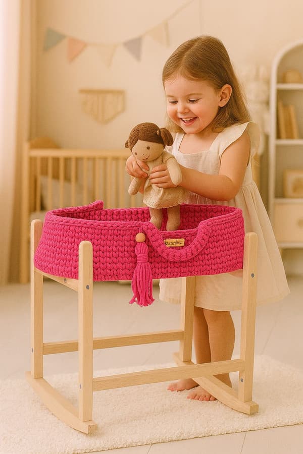 Moses Basket BOHO Bomullsdockbärare med Trävagga - Fuchsia