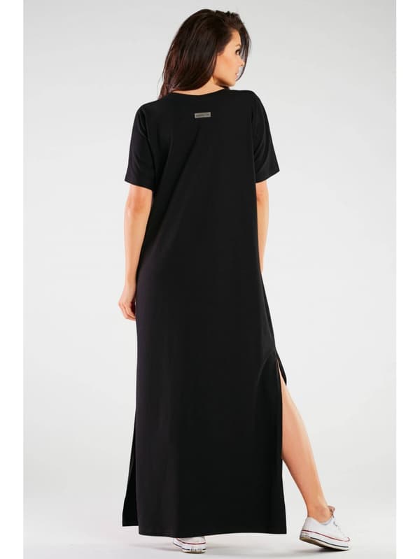 Oversized kimono maxikjole i bomuldsstrik, sort L/XL
