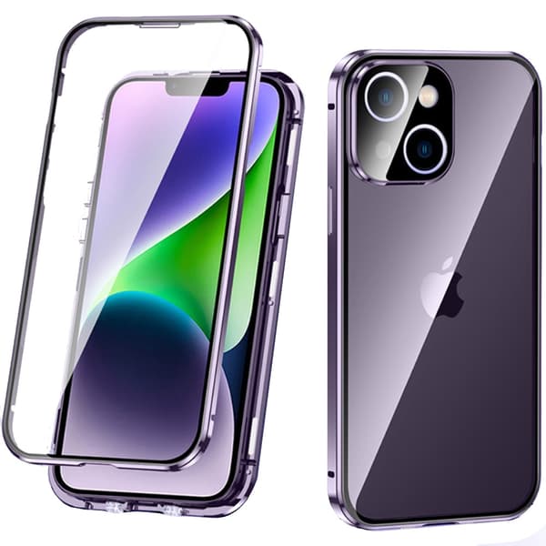 iPhone 14 Plus cover, magnetisk dobbeltglas, lilla