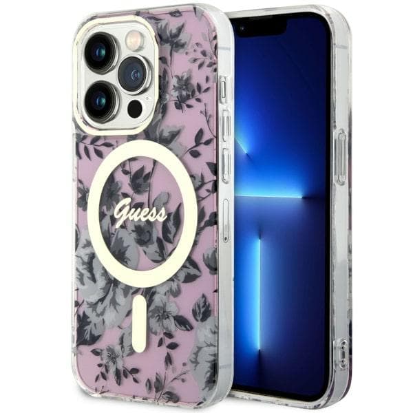 Guess Flower MagSafe-etui til iPhone 14 Pro, lyserød