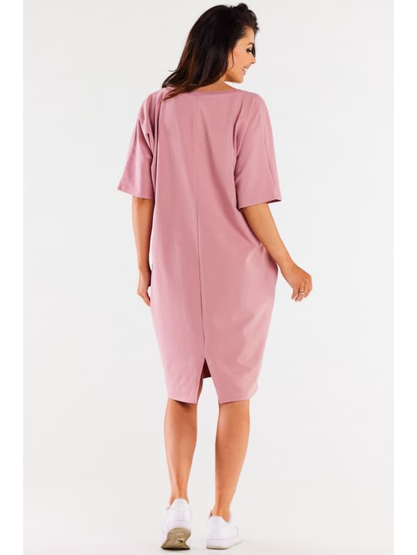 Løs, oversized midikjole med V-hals, pink. One size.