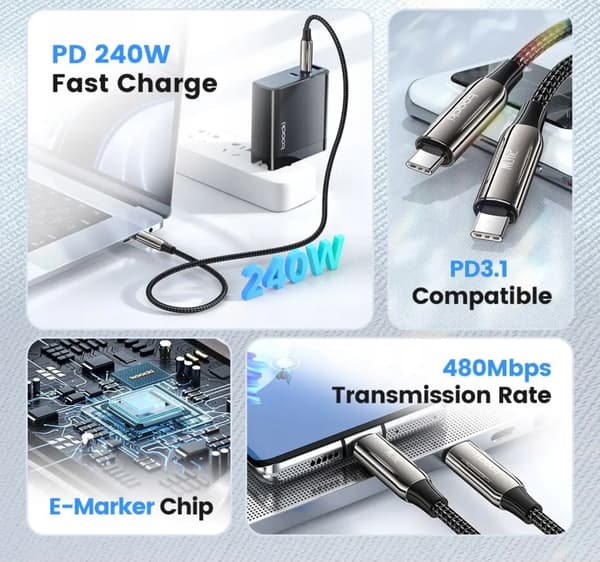 Toocki 240W 1m hurtigopladerkabel USB-C/USB-C stærkt 1m kabel