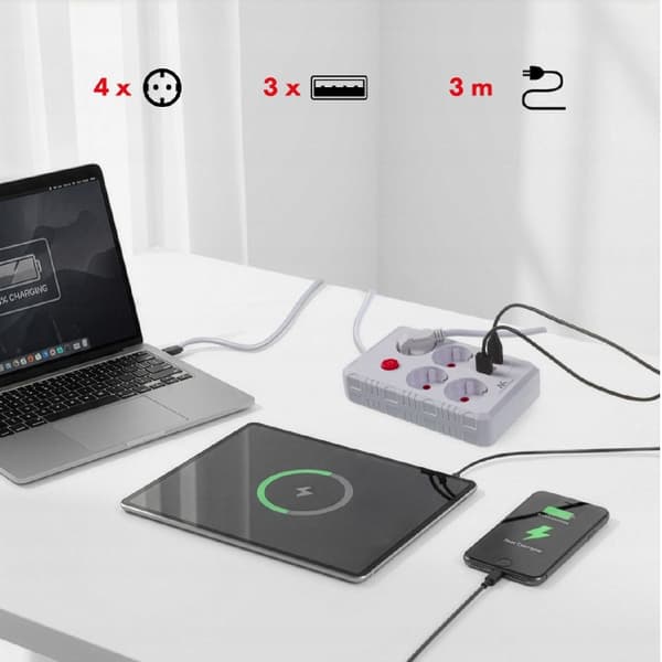 Forlængerledning, 4 stikkontakter, 3xUSB, 3m, MCE393 W