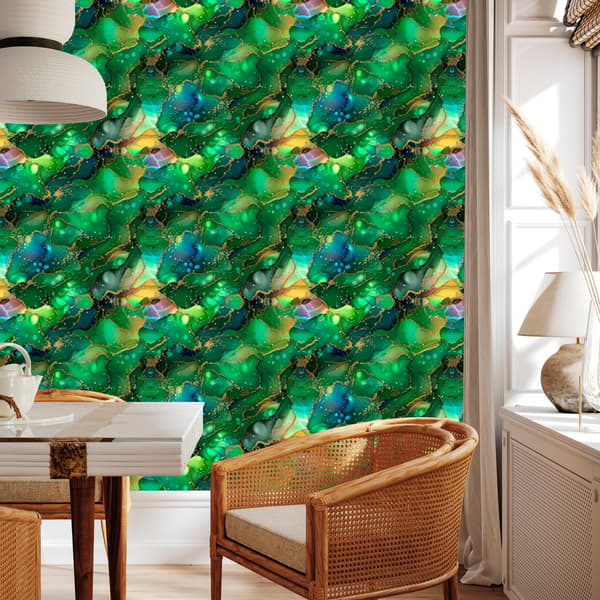 Musteenvihreä, pullonvihreä ja merensininen tapetti 50x1000 cm