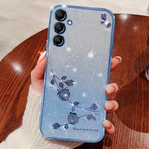 Etui til Samsung Galaxy A15, Glitter Flower, blå + glas