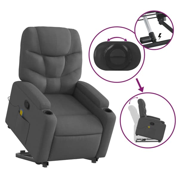 vidaXL Lyftbar massagefåtölj mörkgrå tyg