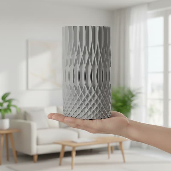 Dekorativ spiralvase, åben form, grå, til blomster, elegant