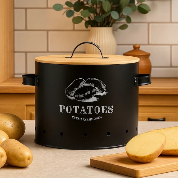 Kartoffelbeholder, sort, bambuslåg