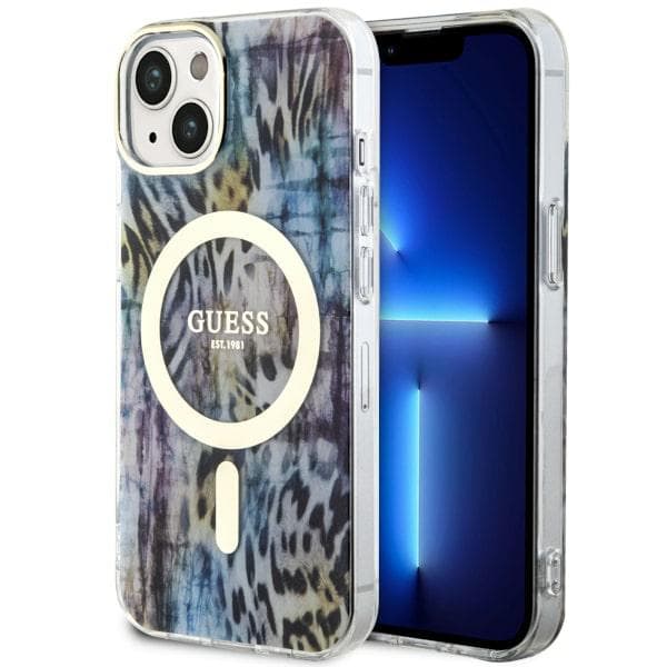 Guess Leopard MagSafe-etui til iPhone 14, blå