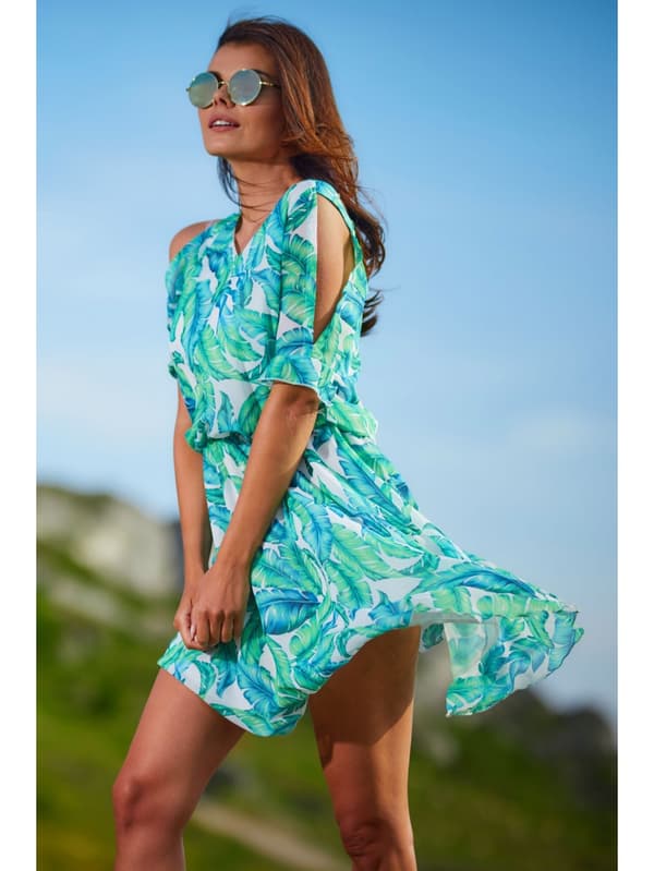 Sommerkjole med flagrende chiffon, grønt bladmønster M