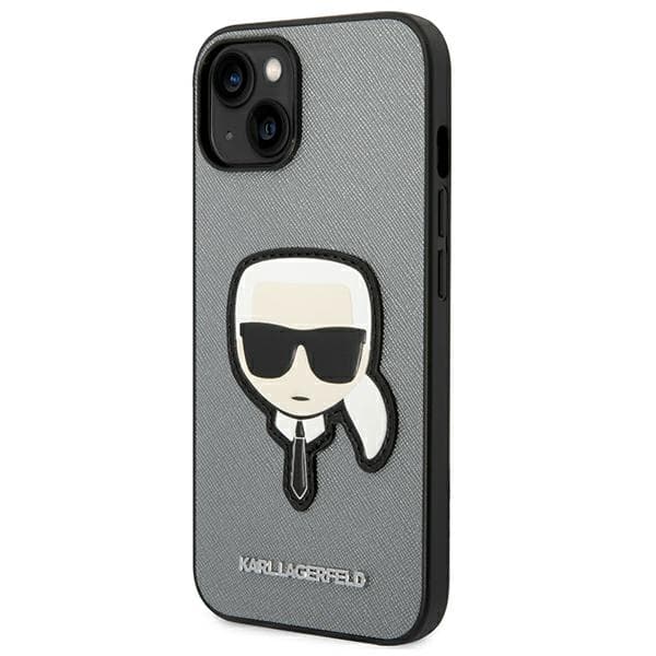 Karl Lagerfeld Saffiano Karl`s Head Patch-etui til iPhone 14 Plus, sølv