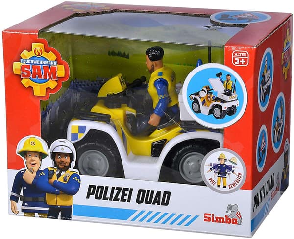Brandman Sam. Polisfyrhjuling med figur.