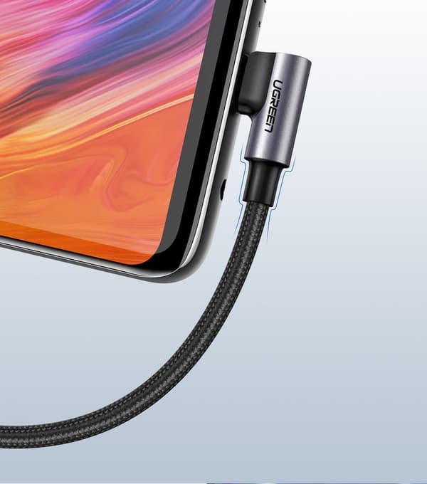 USB-C-kaapeli, kulmikas sivuliitin - USB-C 1m 3A, harmaa