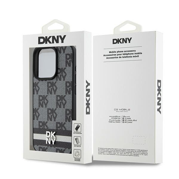 DKNY Læderetui med Ternet Monomønster og Trykte Striber til iPhone 15 Pro Max, Sort