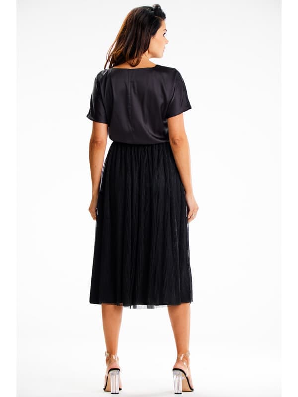 Kimono midi aftenkjole i satin og tyl, sort S