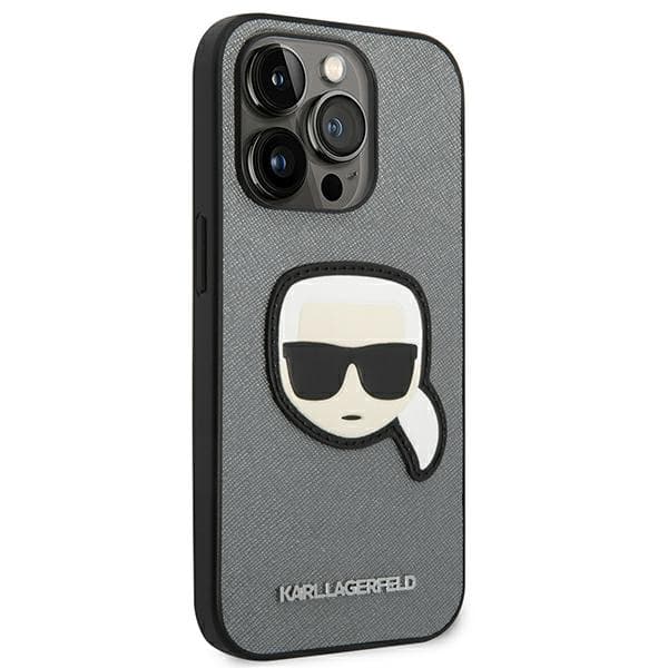 Karl Lagerfeld Saffiano Karl`s Head Patch-etui til iPhone 14 Pro, sølv