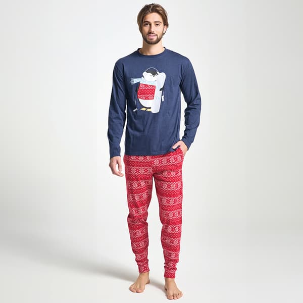Herrpyjamas med broderi, bekväma sovkläder, blå Herrpyjamas med broderi, bekväma sovkläder, blå