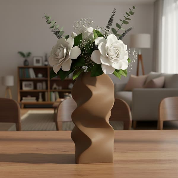 Brun dekorativ bølget vase til blomster, spiralformet, elegant