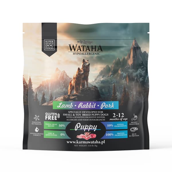 WATAHA HYPOALLERGENT TORRFODER FÖR VALPAR AV SMÅ RASER, LAMM, KANIN OCH FLÄSK MED RIS 2 kg