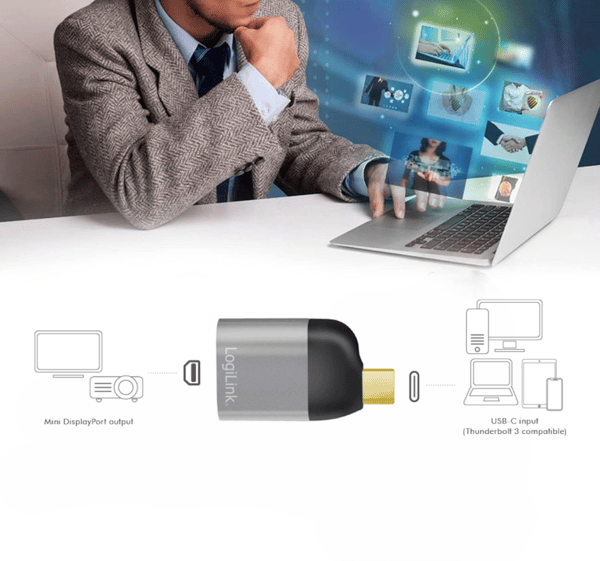USB-C - Mini DisplayPort 8K -sovitin - LogiLink, alumiini, musta/harmaa