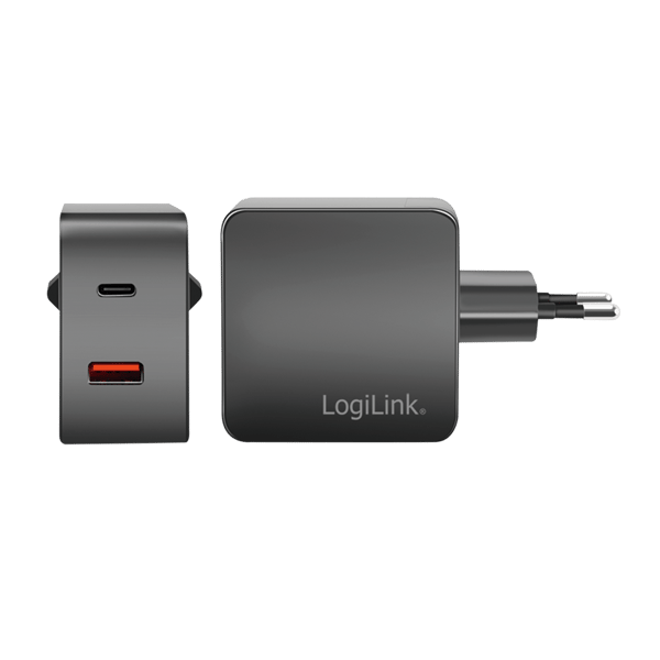 Dobbelt USB-opladeradapter, USB-A/C vægoplader, 45W, sort