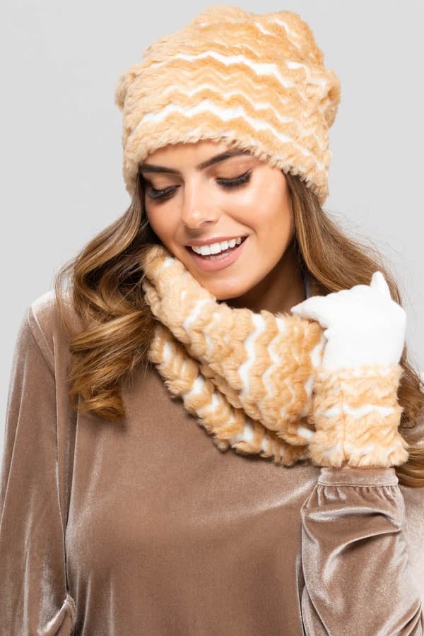 VERMONT damset med pälsmössa och halsduk, beige