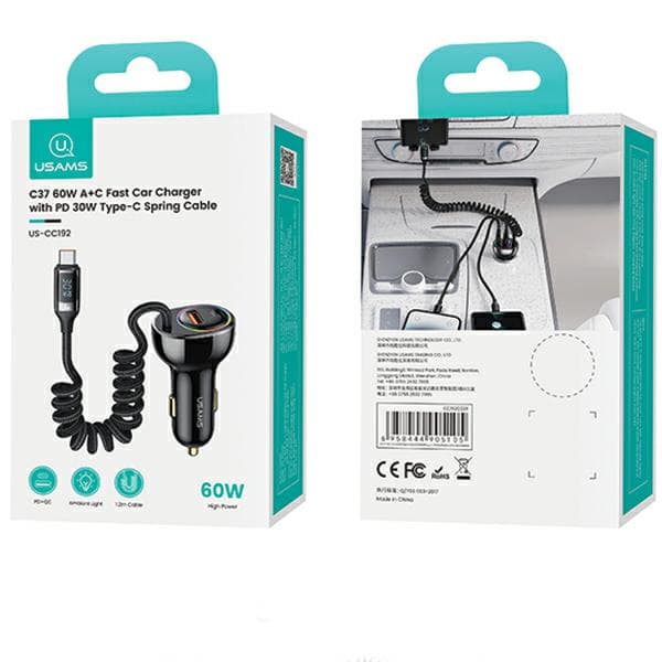 USAMS C37 Biloplader 1xUSB+1xUSB-C 60W + USB-C 30W PD+QC Hurtigopladerkabel Sort